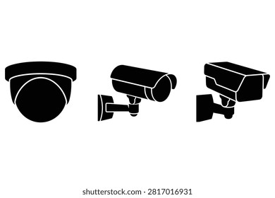 Black silhouette icons of dome camera box camera and bullet camera on transparent background