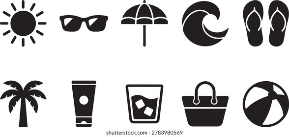 Black silhouette icons featuring beach items like sun glasses parasol ocean wave footwear palm tree lotion and drink