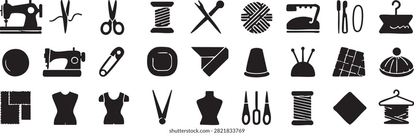 Black silhouette icons featuring sewing machines needles thread scissors and mannequins for fashion design and garment making hobbyists