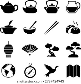 Black Silhouette Icons Featuring Tea Pots Bowls Chopsticks Dumplings Fan Trees Globe Compass Bird Buildings