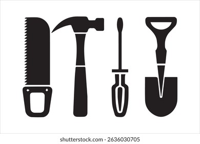 Black Silhouette Icons of Hand Tools – Saw, Hammer, Screwdriver, Shovel