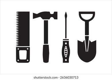 Black Silhouette Icons of Hand Tools – Saw, Hammer, Screwdriver, Shovel