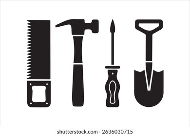 Black Silhouette Icons of Hand Tools – Saw, Hammer, Screwdriver, Shovel