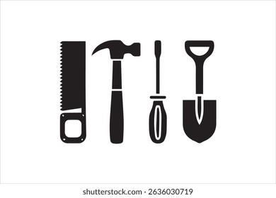 Black Silhouette Icons of Hand Tools – Saw, Hammer, Screwdriver, Shovel