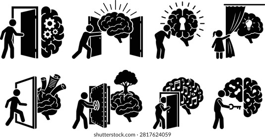 Black silhouette icons of human figures unlocking brain concepts with doors, keys, and creative metaphors for knowledge and imagination