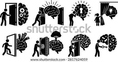 Black silhouette icons of human figures unlocking brain concepts with doors, keys, and creative metaphors for knowledge and imagination