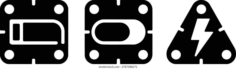 Black silhouette icons of industrial interface components. Three distinct plates feature a lightning bolt, toggle switch, and indicator. These vector elements use solid shapes.