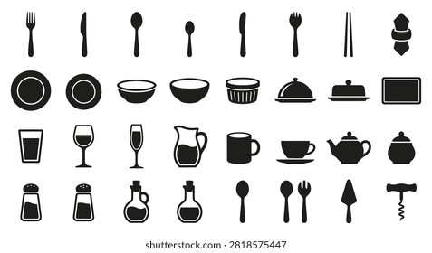 Black silhouette icons of kitchen tableware, cutlery, dinnerware, and glassware. Includes fork, knife, spoon, plates, bowls, teapot, glasses, and serving tools on white background.