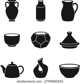 Black silhouette icons of kitchenware items like teapots bowls jugs and jars for household and dining table design.