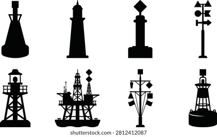 Black Silhouette Icons of Maritime Navigation Aids and Offshore Structures