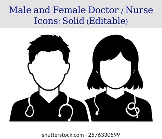 black silhouette icons of medical professionals. minimalistic male and female doctor icons. editable stethoscope icons for healthcare design.