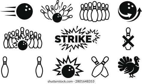 Black silhouette icons representing bowling elements: ball, pins, hand throwing, strike explosion, turkey award, and bowling pin shapes.