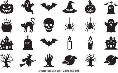 Black silhouette icons representing classic Halloween imagery: pumpkins, ghosts, spiders, witches, tombstones, and haunted houses for festive projects.