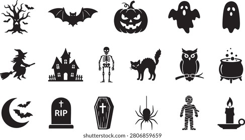 Black silhouette icons representing classic Halloween imagery: pumpkins, ghosts, bats, witches, skeletons, and haunted house elements.