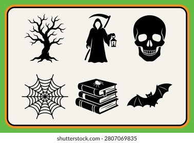 Black silhouette icons representing classic Halloween imagery including a grim reaper, skull, bare tree, spiderweb, stacked books, and a flying bat.