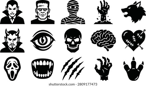 Black silhouette icons representing classic Halloween monsters and creepy elements, ideal for spooky themed graphics, party decorations, and digital artwork.