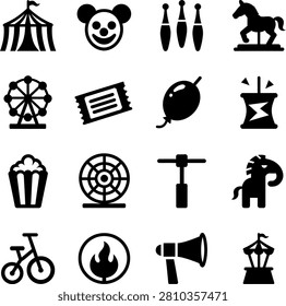 Black silhouette icons representing classic carnival and circus elements for creative projects and designs