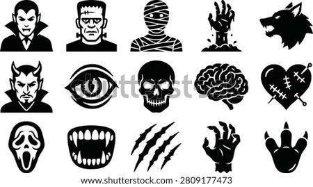 Black silhouette icons representing classic Halloween monsters and creepy elements, ideal for spooky themed graphics, party decorations, and digital artwork.