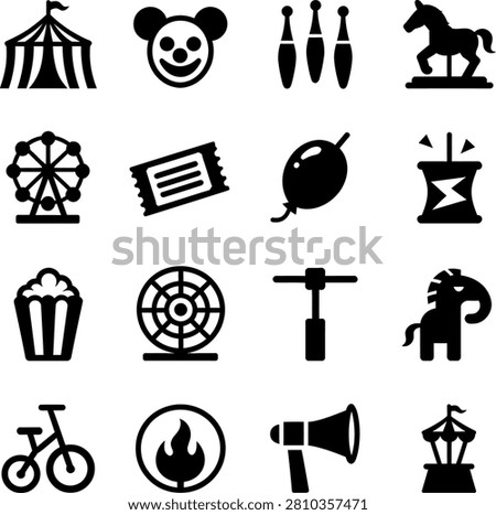 Black silhouette icons representing classic carnival and circus elements for creative projects and designs