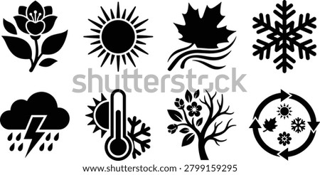 Black silhouette icons representing the four seasons, weather patterns, temperature changes, and seasonal transitions. Suitable for climate education, weather forecasting, environmental awareness campaigns, infographics, and nature-related design projects.