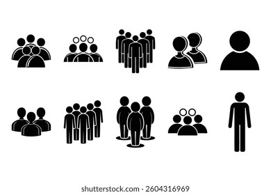 Black Silhouette Icons Representing Individuals and Groups in a Variety of Configurations