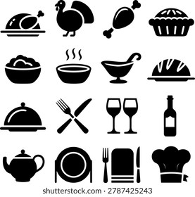 Black silhouette icons representing various Thanksgiving dinner food items and serving accessories