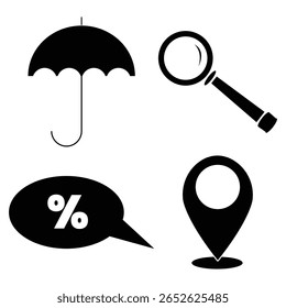 Black Silhouette Icons Set Umbrella Magnifying Glass Percentage Symbol Location Pin
