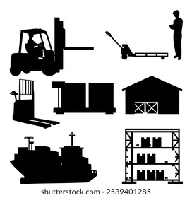 Ícones de silhueta preta que exibem elementos essenciais da logística do depósito, incluindo empilhadeira, palete, navio de carga e racks de armazenamento, destacando a eficiência no gerenciamento da cadeia de suprimentos.