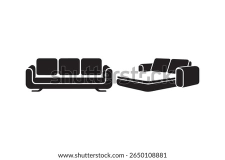 Black silhouette icons of a sofa and a sofa bed