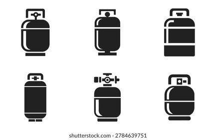 Black silhouette icons of various propane gas cylinders and fuel tanks used for industrial and domestic energy supply.