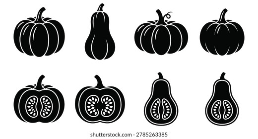 Black silhouette icons of various pumpkins and squash with whole and cross section views, silhouette