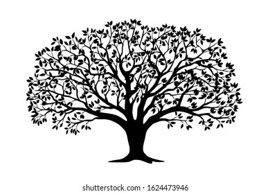 Black silhouette illustration apple tree with leaves. Icon tree isolated on white background. Template for tattoo, print for t-shirt, home art, decorate wall, logo and flyer design. eps 10
