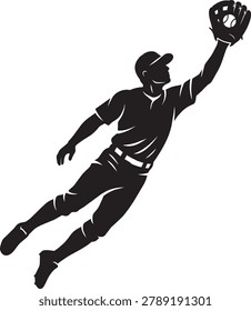 A black silhouette illustration of a baseball player in mid-air, catching a ball with his glove hand, wearing a cap and uniform.