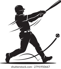 A black silhouette illustration of a baseball player in action, swinging a bat to hit a ball, depicted in a dynamic pose.