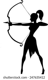 Black Silhouette Illustration Of A Beautiful Elegant Woman Holding Bow And Taking Aim At Something Isolated On White