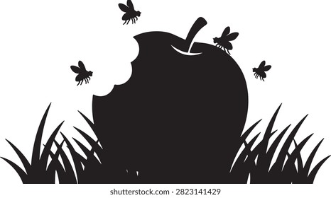 Black silhouette illustration of a bitten apple surrounded by flies in grass