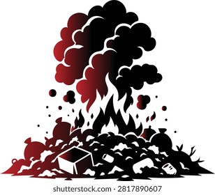 Black silhouette illustration of burning garbage landfill with thick smoke, highlighting waste pollution, environmental hazards, and improper waste management.