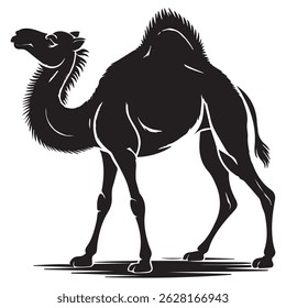 a black silhouette illustration of a camel standing on a white background. the camel is facing left and has a single hump on its back.