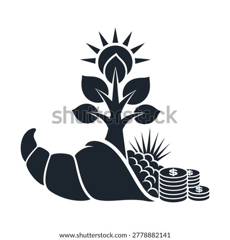 A black silhouette illustration depicting a cornucopia overflowing with a stylized plant, spiky fruit, and stacks of money, symbolizing abundance and prosperity.