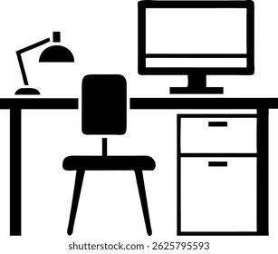 Black silhouette illustration depicting a detailed desk and workstation arrangement