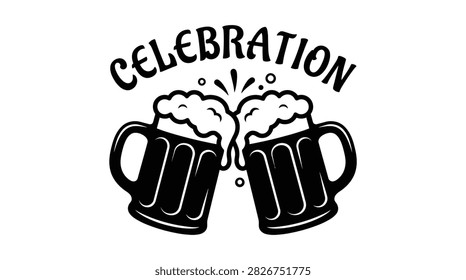 Black silhouette illustration depicting two beer mugs clinking together with foam and bubbles set against a transparent background.