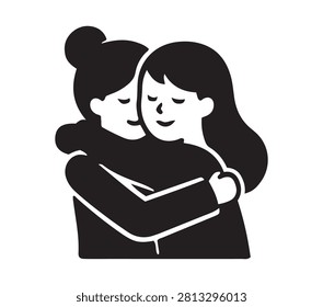 A black silhouette illustration depicts two women warmly embracing, conveying themes of friendship, support, and affection on a clean white background.