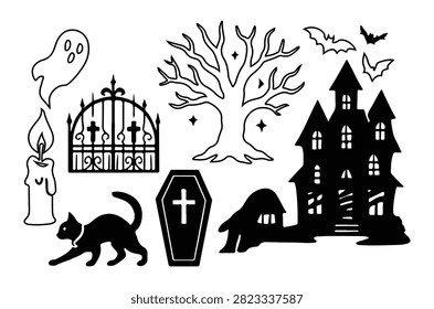 Black silhouette illustration featuring a ghost, haunted house, cemetery gate, coffin, cat, and candle on a white background.