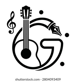 A black silhouette illustration featuring a guitar neck, treble clef, and quill pen, representing music and artistic expression.