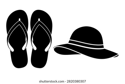 A black silhouette illustration featuring a pair of flip flops and a sun hat, ideal for summer vacation and travel concepts.