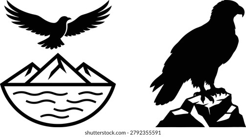 Black silhouette illustration featuring a soaring eagle, mountain range, water reflection, and perched eagle emblem. Ideal for outdoor branding.