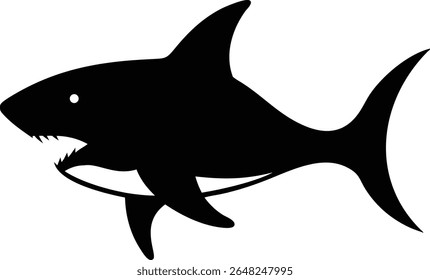 Black silhouette illustration of a fierce shark with visible teeth in open mouth