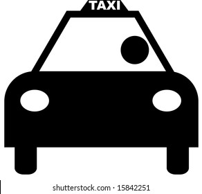 black silhouette illustration of the front of a taxi with driver