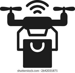 Black silhouette illustration of a futuristic smart drone delivering packages in a vector graphic