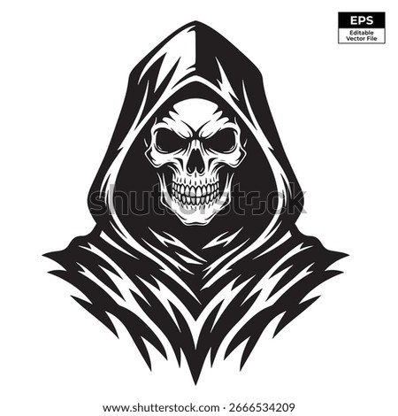 Black silhouette illustration of a grim reaper or skeleton figure wearing a flowing hooded cloak
